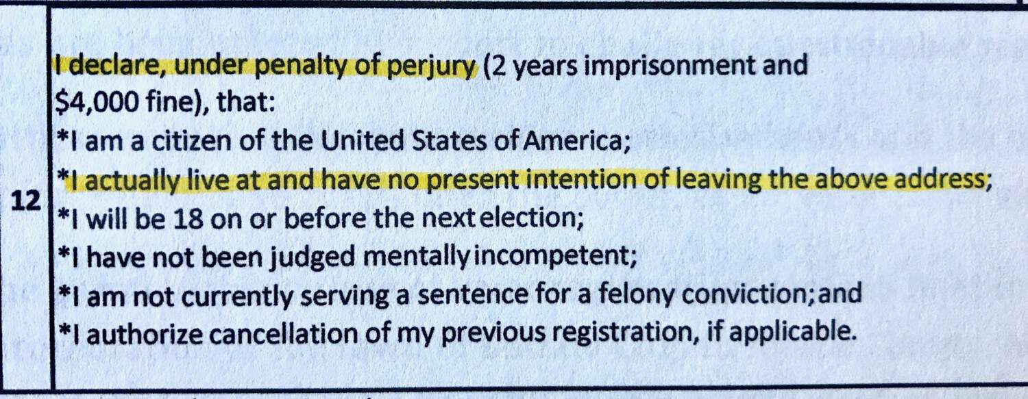 South Dakota voter registration from with sentences regarding perjury and residence highlighted