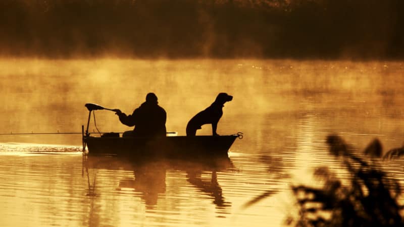 Man and a dog in a fishing boat at sunrise with fog rising off the water