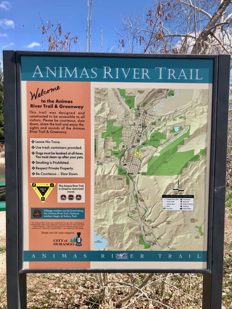 Sign for the dog friendly Animas River Trail in Durango, CO