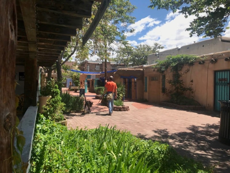 Man and dog walking in dog friendly Old Town Albuquerque, NM