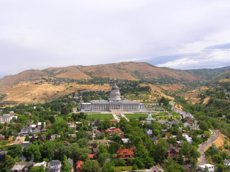 State capitol building in Salt Lake City, Utah, USA. Nice view in sunlight from high building. Beautiful historical state government building.