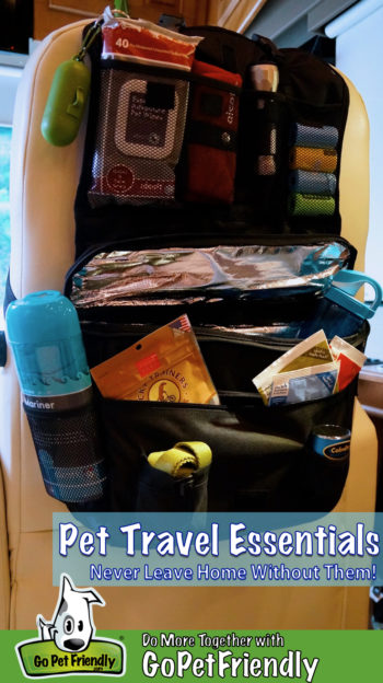 Car organizer stocked with pet travel essentials