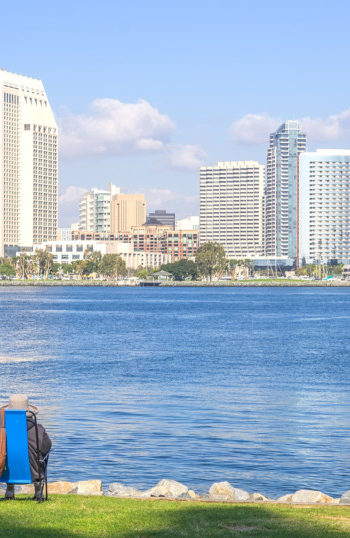 Couple and their dog relaxing and watching San Diego skyline