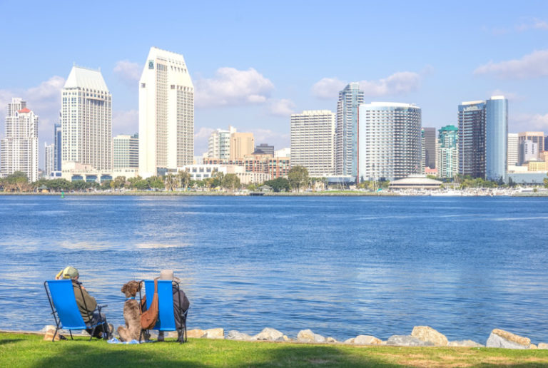 Couple and their dog relaxing and watching San Diego skyline