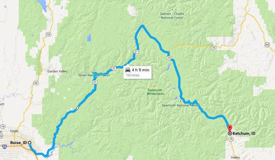 Map - Boise to Ketchum, ID