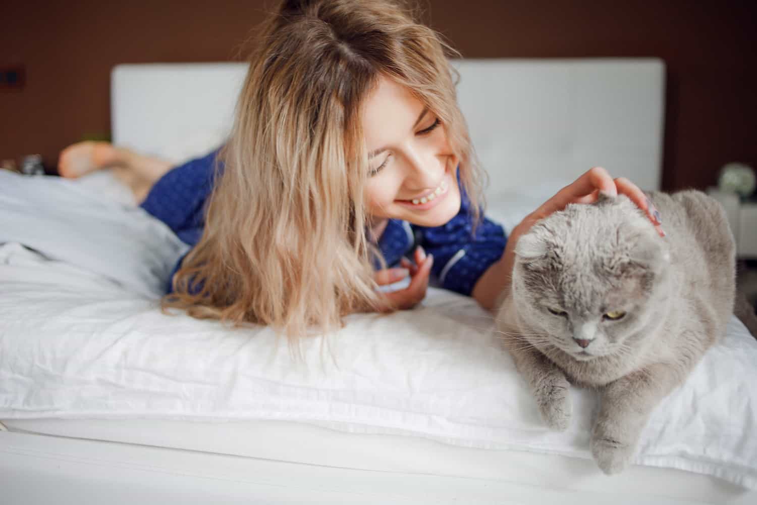 A woman laying on a bed smiling and petting a grey cat