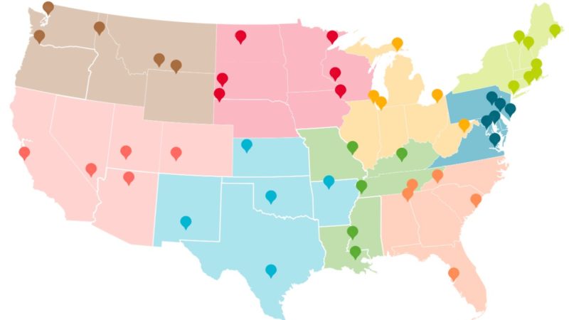 A colorful map of the U.S. with pins locating pet friendly attractions