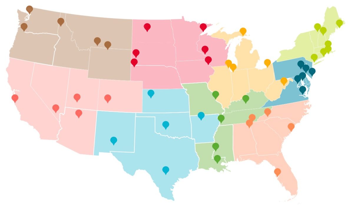 A colorful map of the U.S. with pins locating pet friendly attractions