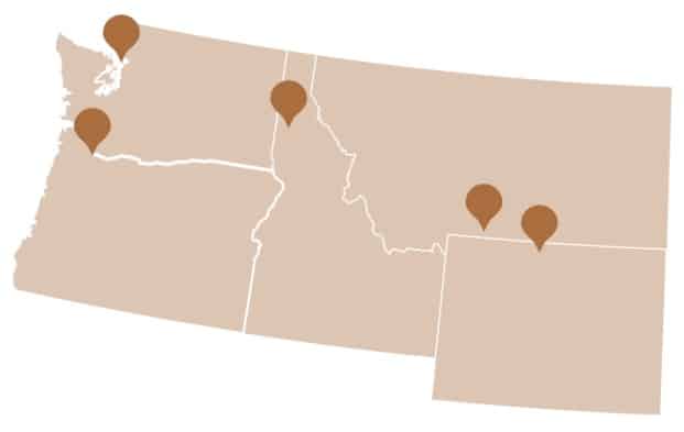 Map of the northwestern United States with pins marking the top pet friendly attraction in each state