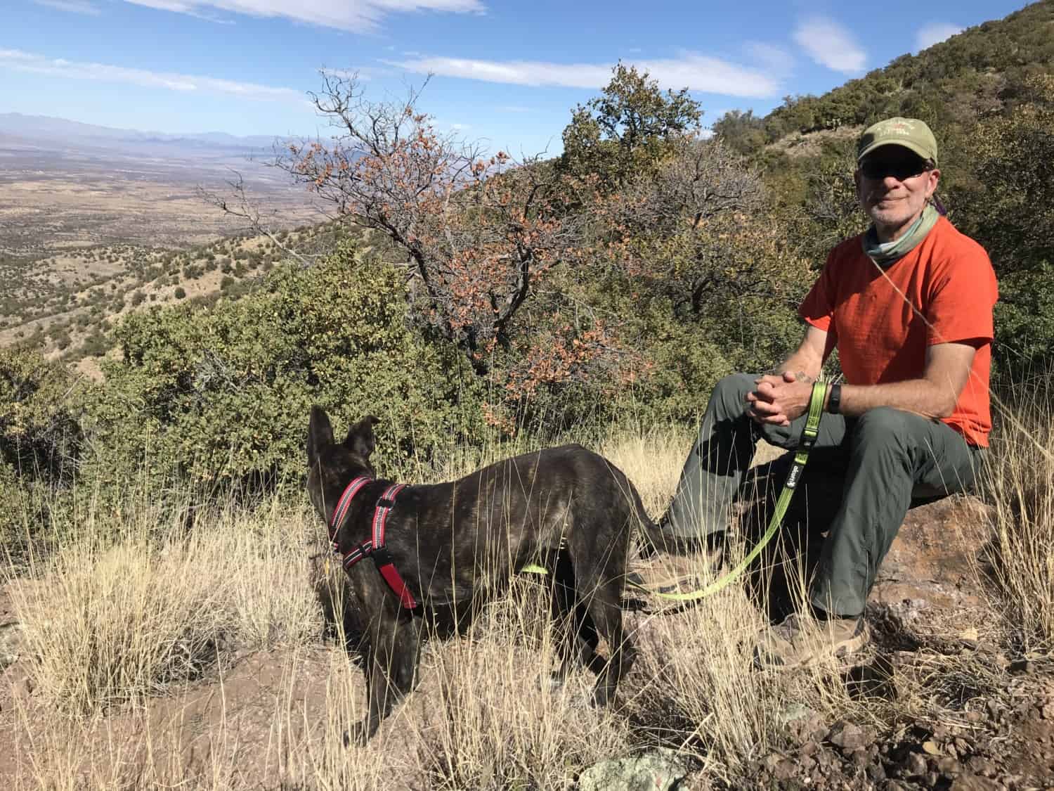 A man and his dog enjoying the view from a pet-friendly hiking trail with a mountain backdrop