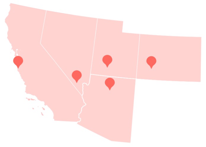 Map of the southwestern United States with pins marking the top pet friendly attraction in each state