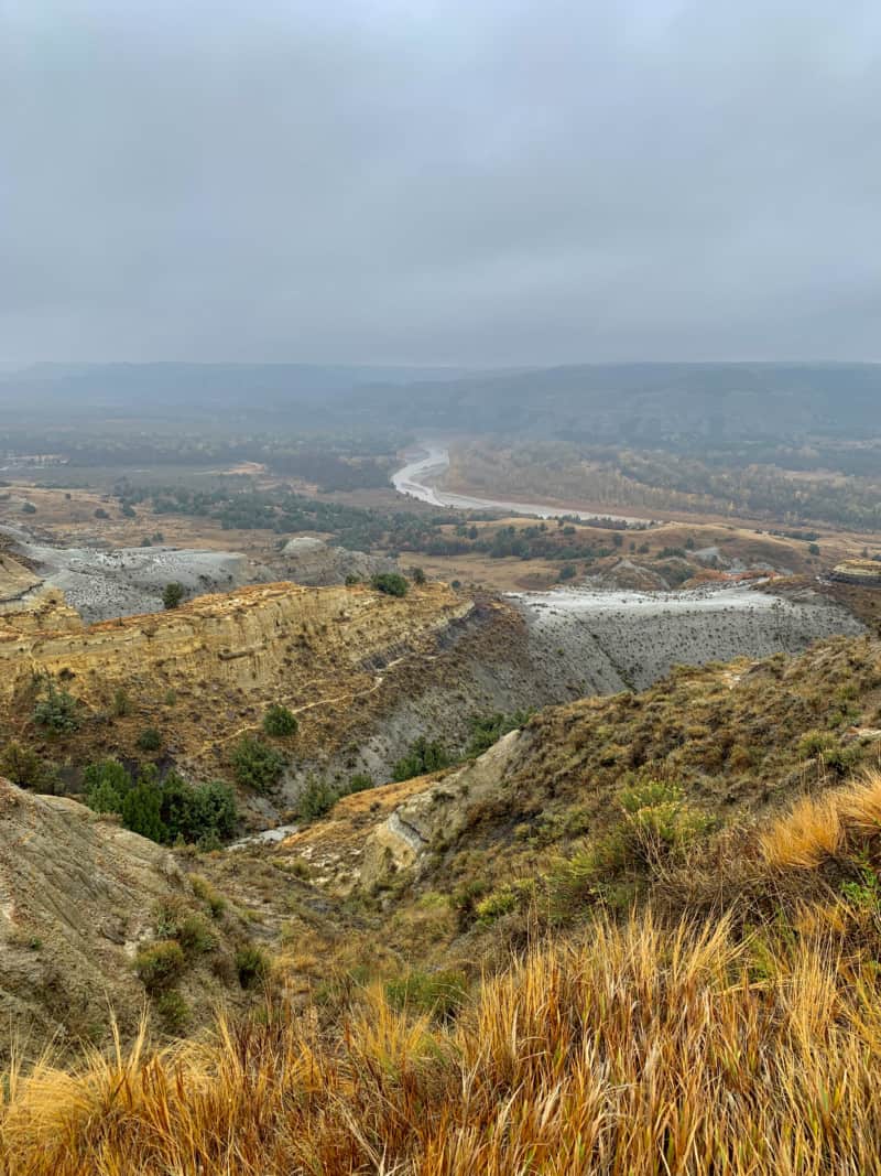 View of the Little Missouri River from the top of a hillside in Theodore Roosevelt National Park