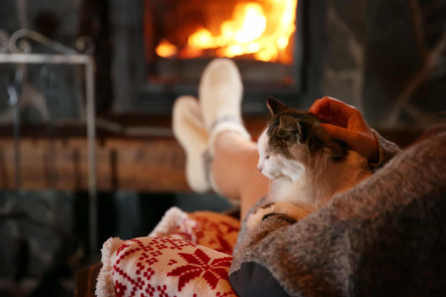 Woman resting with cat near fireplace