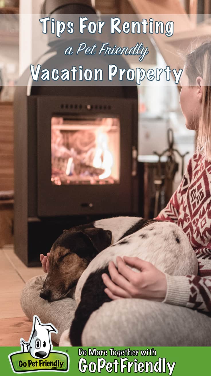 Woman sitting on the floor in a vacation property holding a sleeping dog on her lap while gazing into a glowing fireplace