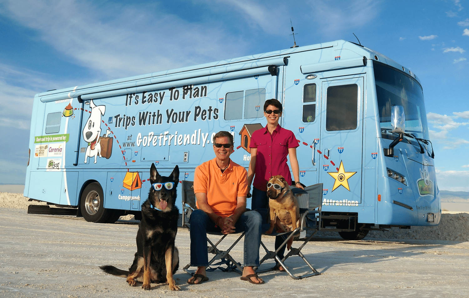 GoPetFriendly.com's Buster, Rod, Amy and Ty in front of Winnebago