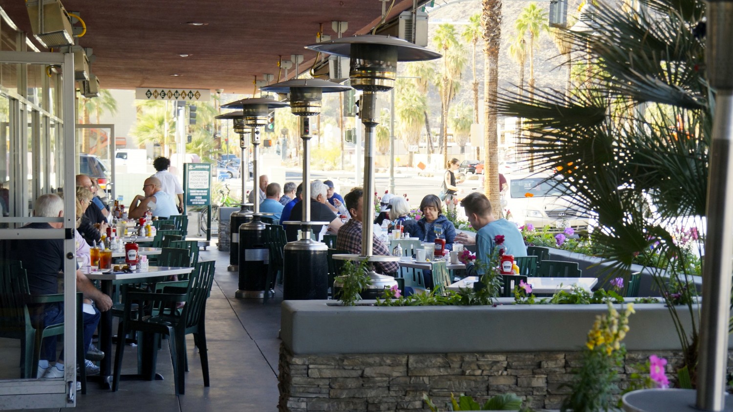 Pet-friendly patio at Sherman's Deli in Palm Springs, CA