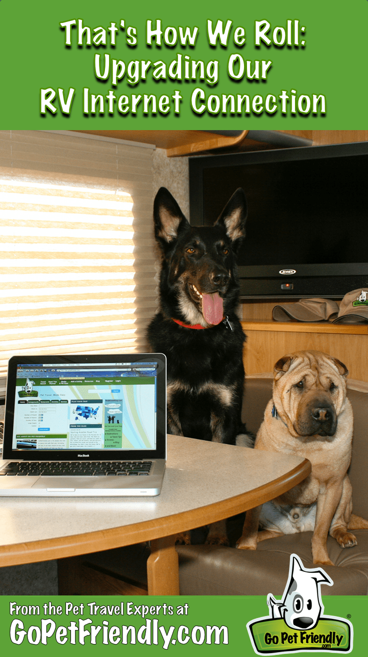 Buster and Ty from GoPetFriendly.com sitting at the RV dinette with the computer open