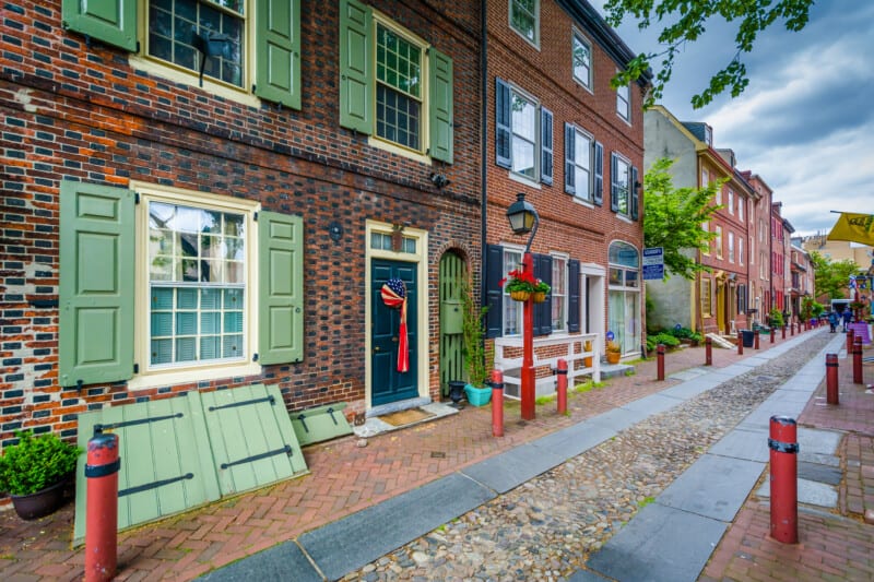 Historic row houses at Elfreth's Alley, on a walking tour of Philadelphia, Pennsylvania.