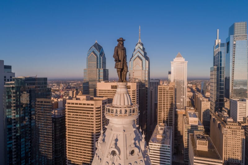 Statue of William Penn. Philadelphia City Hall. William Penn is a bronze statue by Alexander Milne Calder of William Penn. It is located atop the Philadelphia City Hall in Philadelphia, Pennsylvania.
