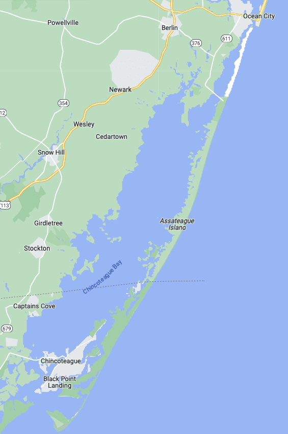 Map showing Assateague Island off the east coast of the United States