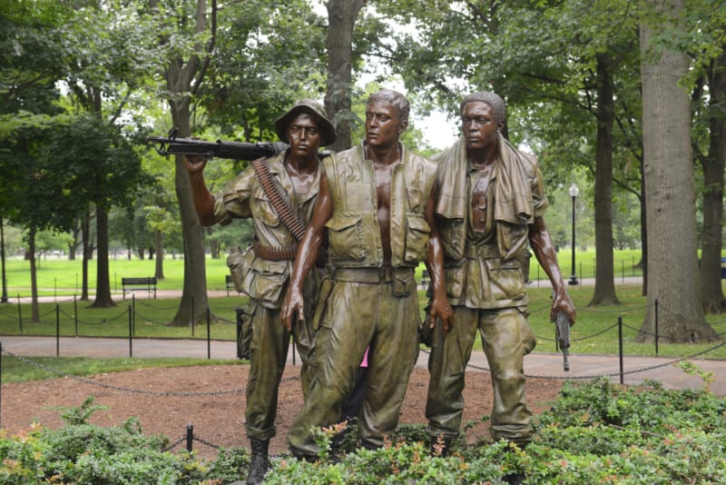 Statue of three soldiers at the Vietnam Veterans Memorial on the National Mall in Washington DC