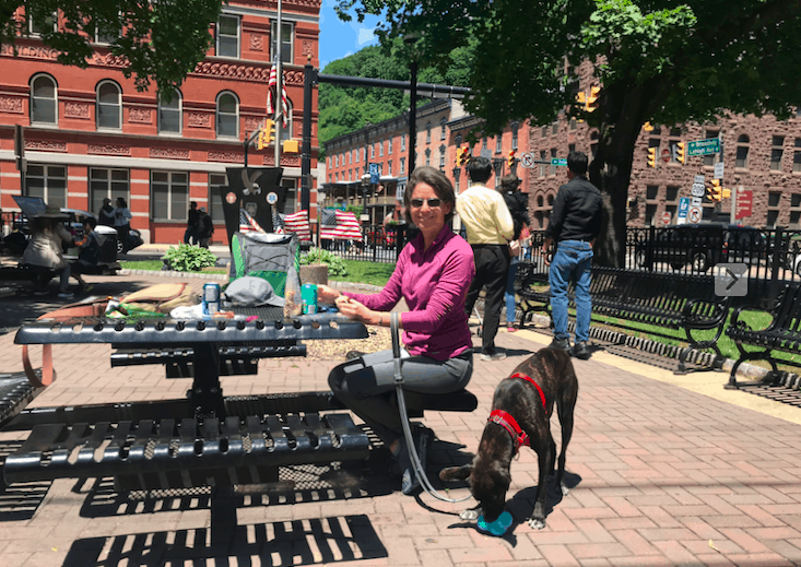 Woman with a brindle dog at a picnic table in Jim Thorpe, PA