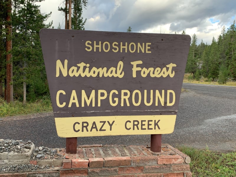Sign for Shoshone National Forest Campground Crazy Creek along the Beartooth Highway.