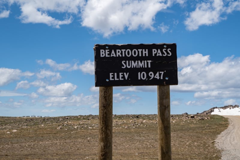 Beartooth Pass Summit sign along the Beartooth Highway in MT