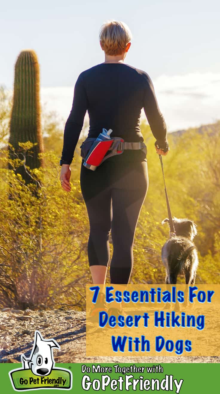 Woman and dog walking on a pet friendly trail in the desert