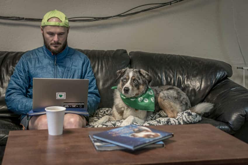 Sora hangs out next to Dave on the couch at Bark! Espresso.