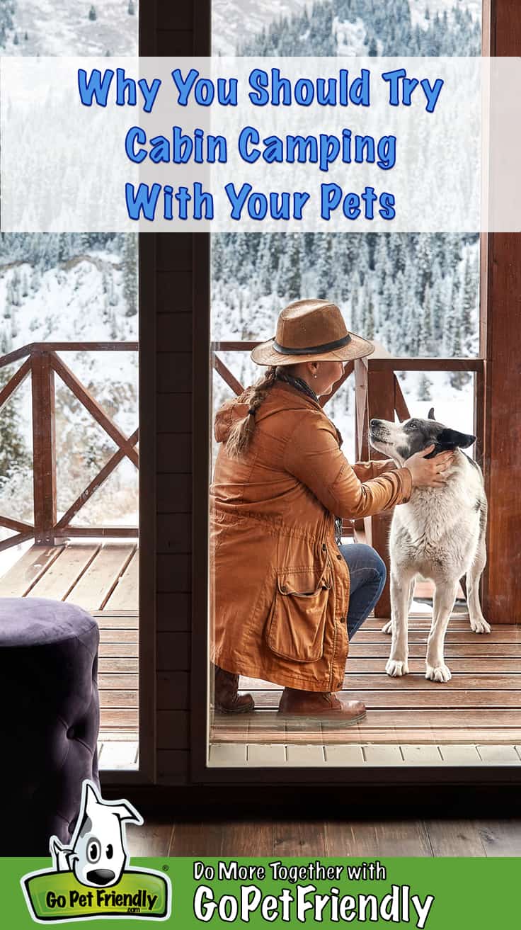 Woman scratching her dog on the deck of a pet-friendly camp cabin