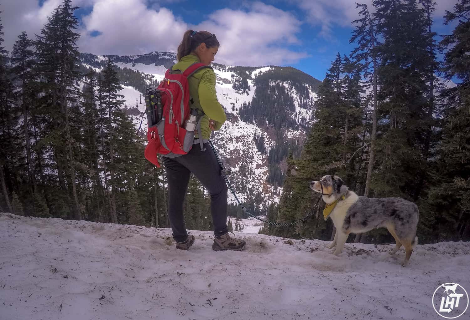 Jen and her dog, Sora, hiking at pet-friendly Annette Lake Snow Fields near Seattle, WA