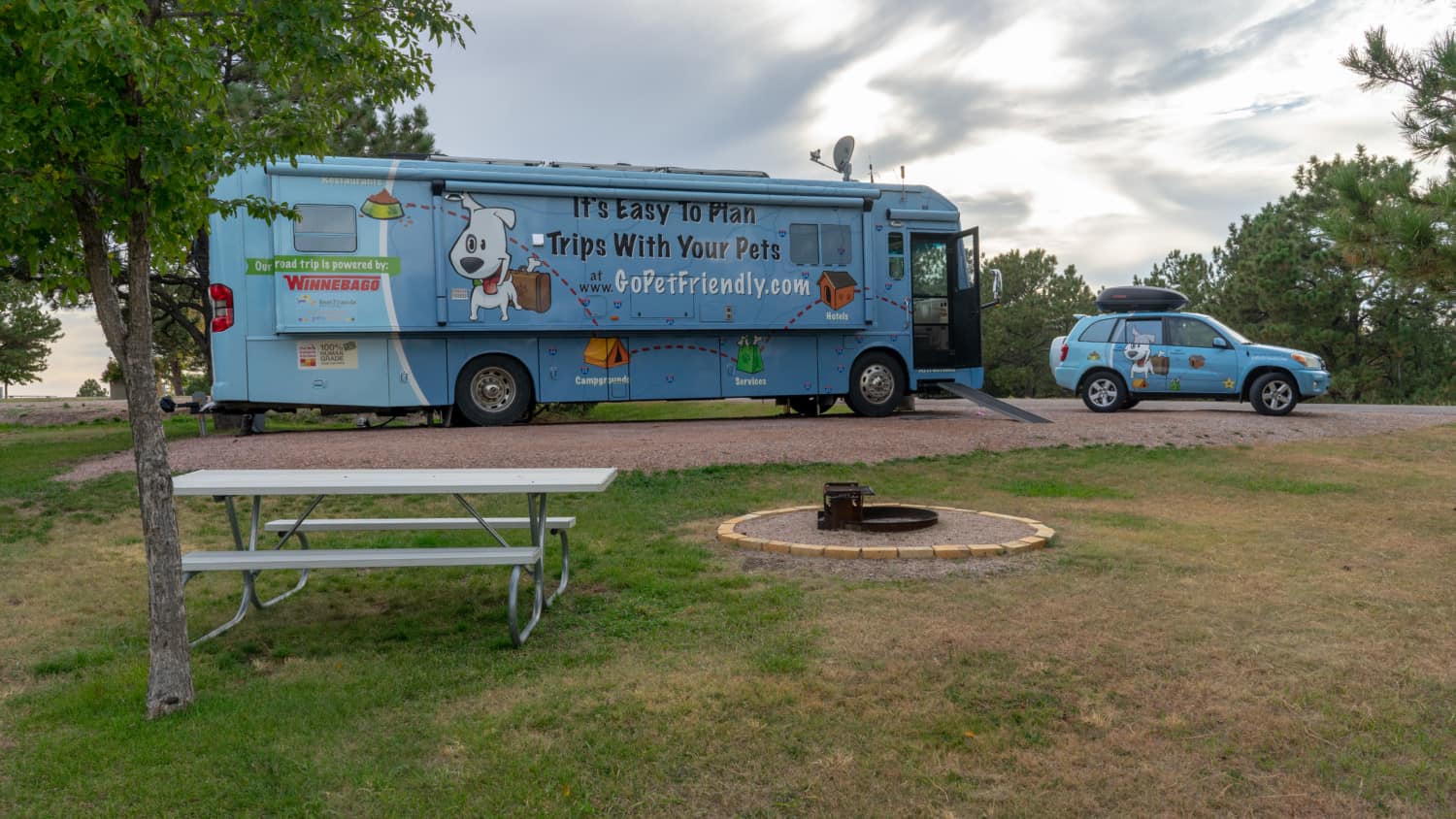 GoPetFriendly.com Winnebago parked at pet-friendly Angostura Campground in South Dakota's Black Hills