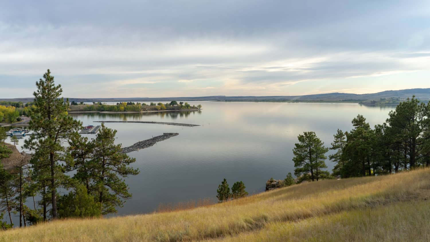 View overlooking the reservoir from the pet-friendly campground at Angostura Reservoir in South Dakota's Black Hills