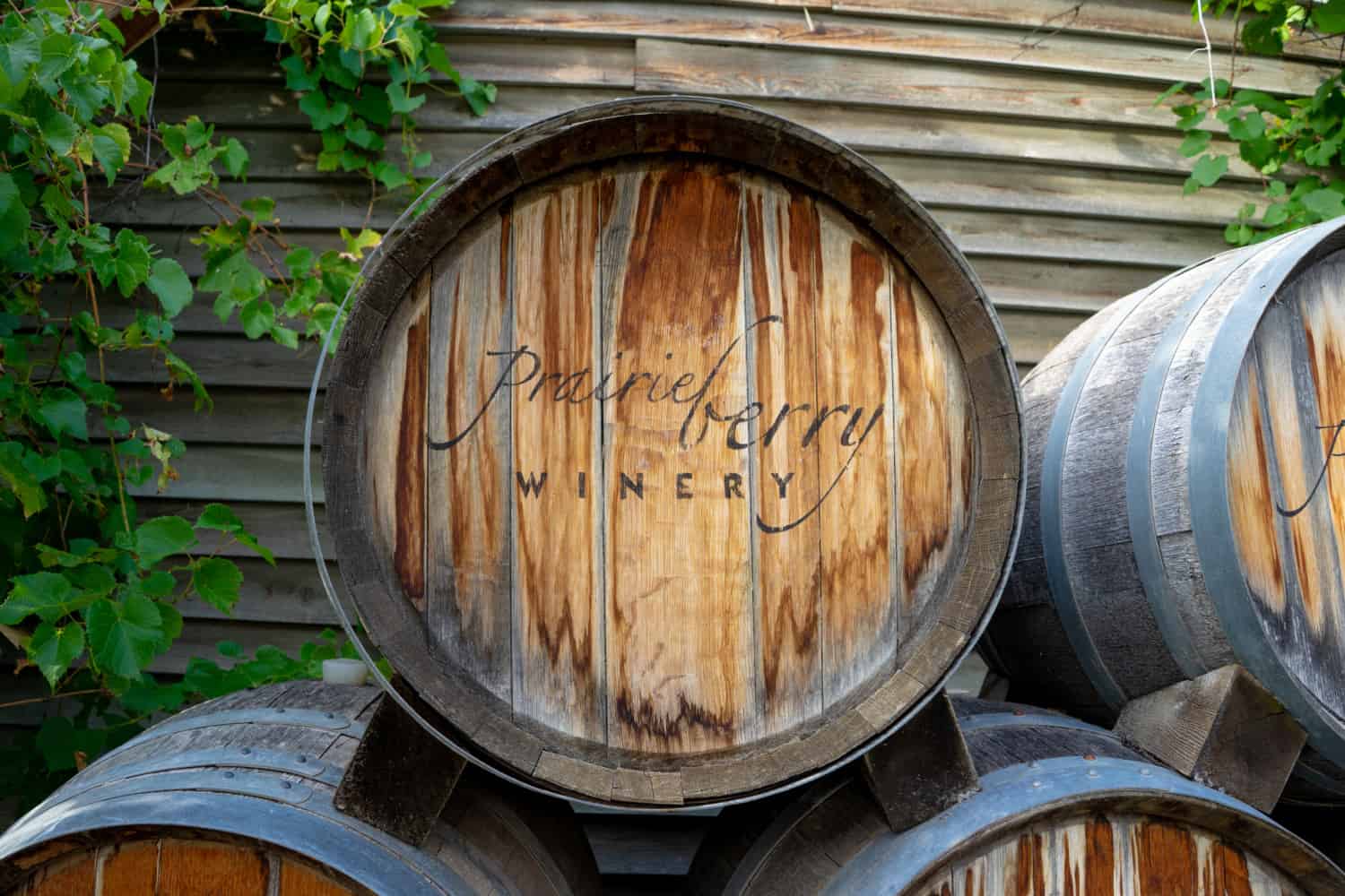 Wine barrel branded with the logo of Prairie Berry Winery in Hill City, SD