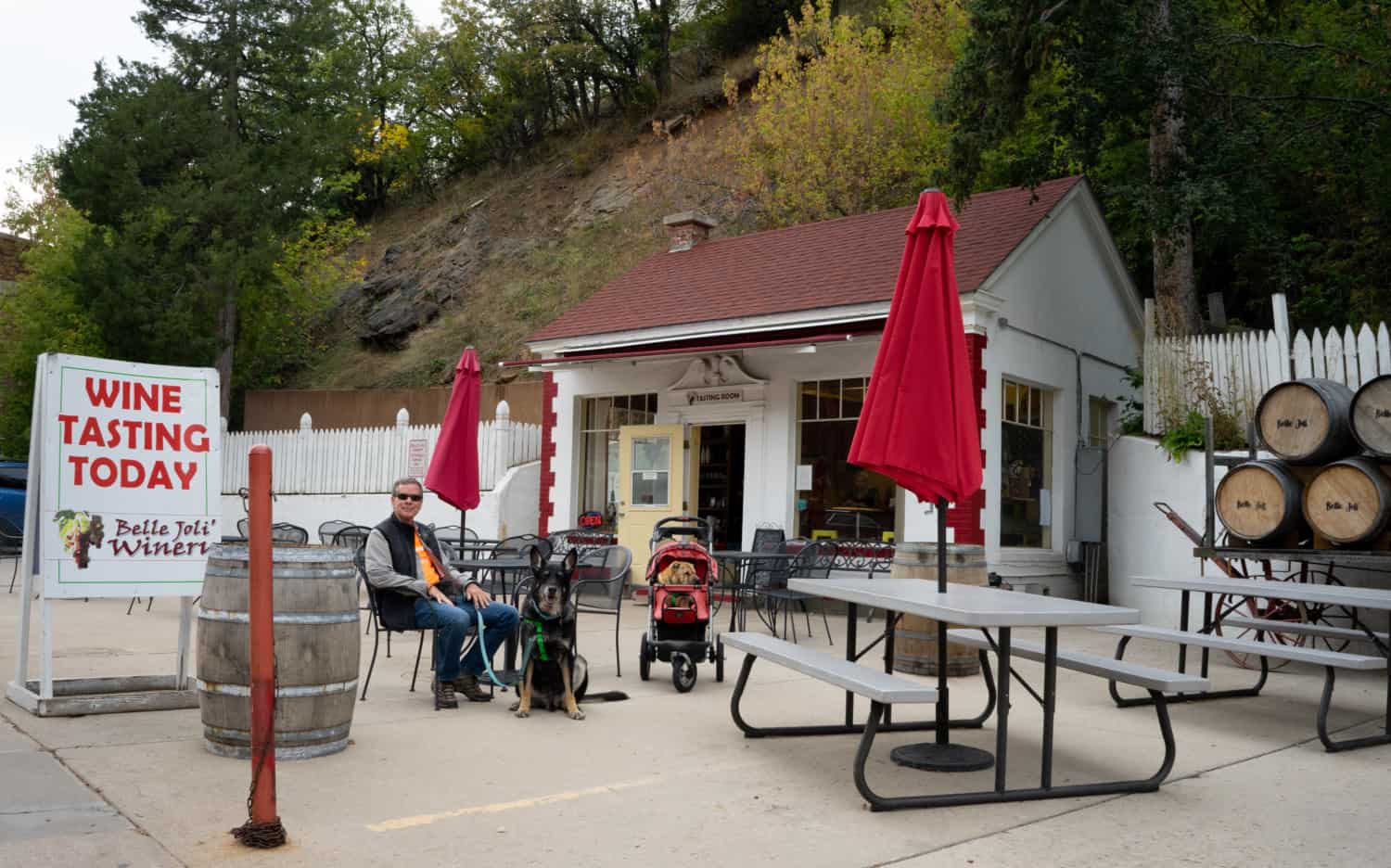 Rod, Buster, and Ty from GoPetFriendly.com on the pet friendly patio of the Belle Joli' Tasting Room in Deadwood, SD