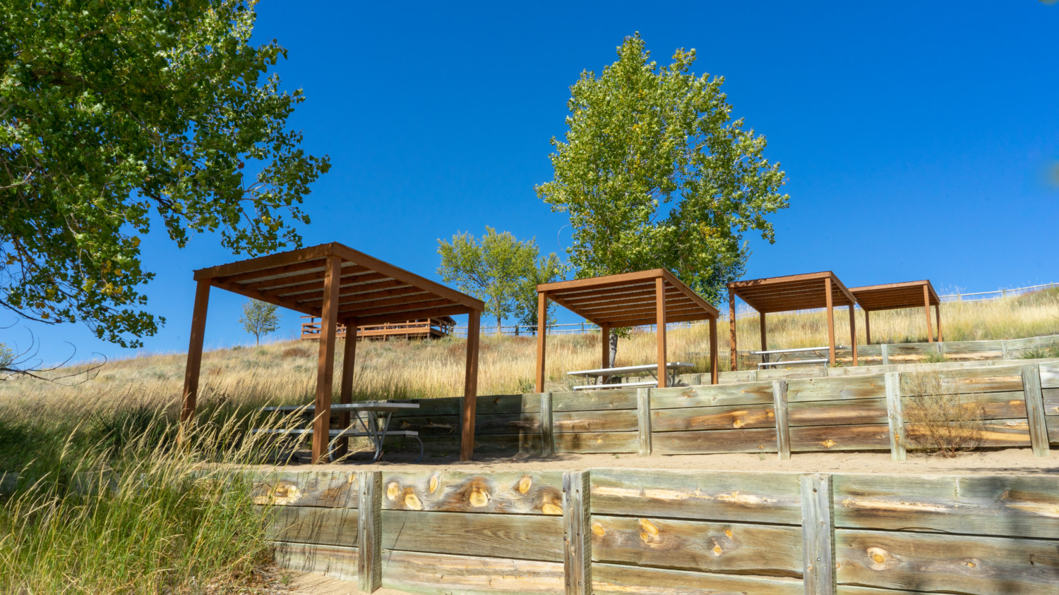 Shade structures on the pet-friendly beach at Angostura Recreation Area, SD