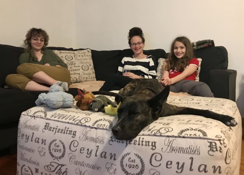 Brindle dog sleeping on an ottoman in front of two girls and a woman sitting on a sofa