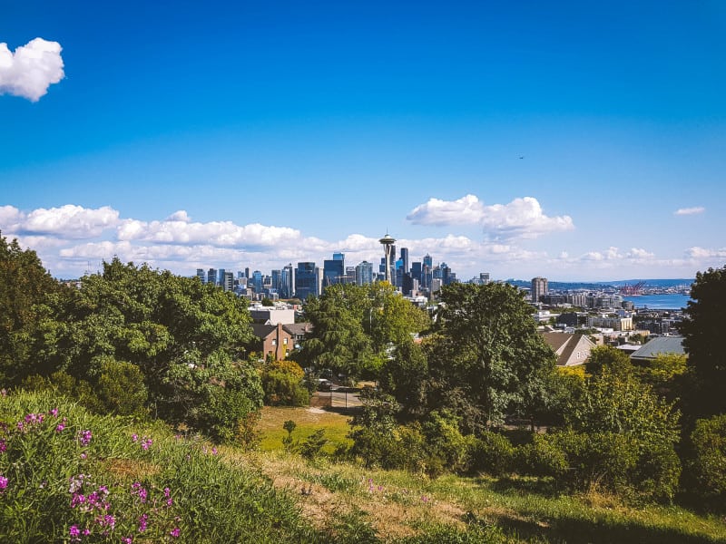 Seattle skyline from Kerry Park with trees and grass in the foreground