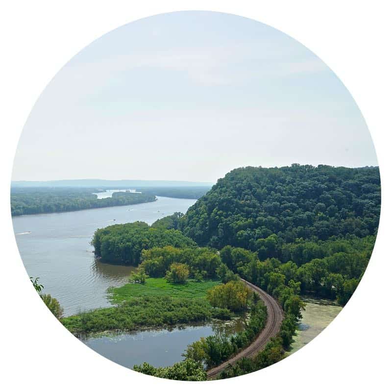 View of the Mississippi River and train tracks from Effigy Mounds National Monument in Harpers Ferry, Iowa