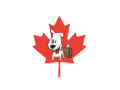 Characterchure of a white dog with bent ear on a red maple leaf background