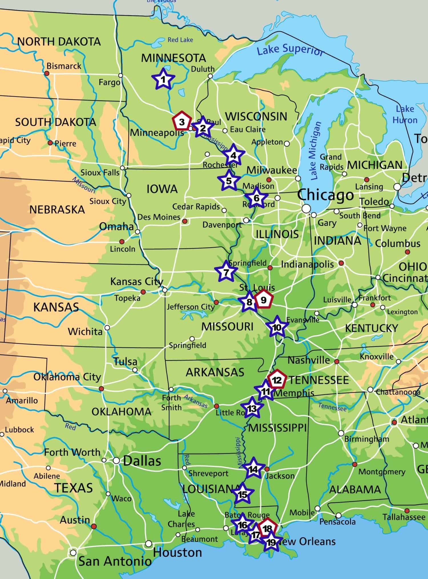 Road map showing pet friendly stops along the Great River Road from Minneapolis, MN to New Orleans, LA