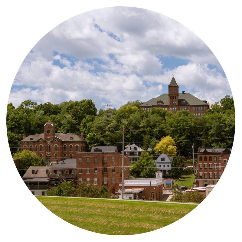 View of the old buildings in pet friendly Galena, IL