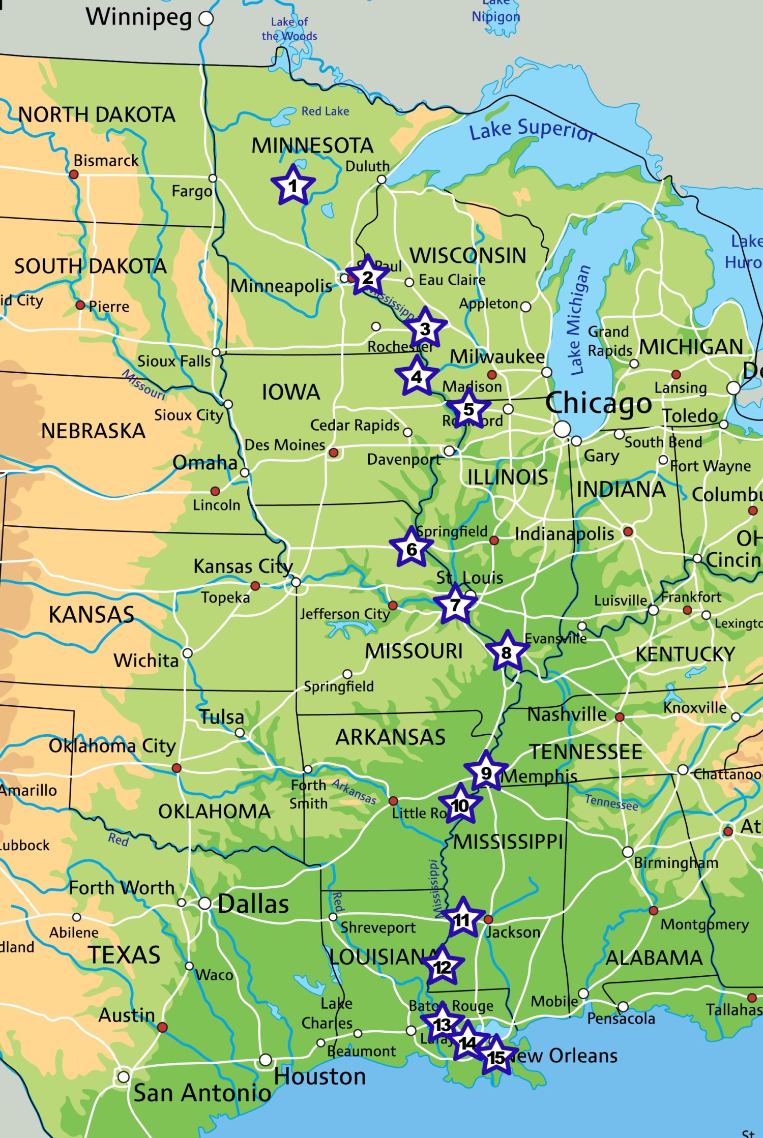 Map showing 15 pet friendly stops along the Great River Road from Minneapolis to New Orleans