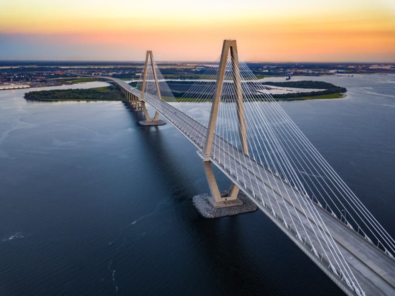 Ariel view of the Ravenel Bridge in Charleston, SC