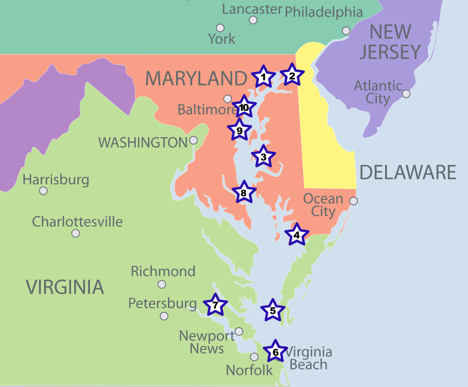 Map of pet friendly stops along the Chesapeake Bay Loop, MD and VA