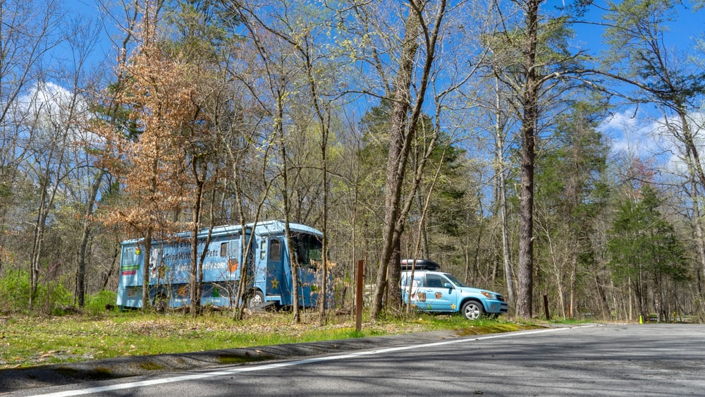 GoPetFriendly.com motorhome parked at Wilderness Road Campground in Ewing, VA