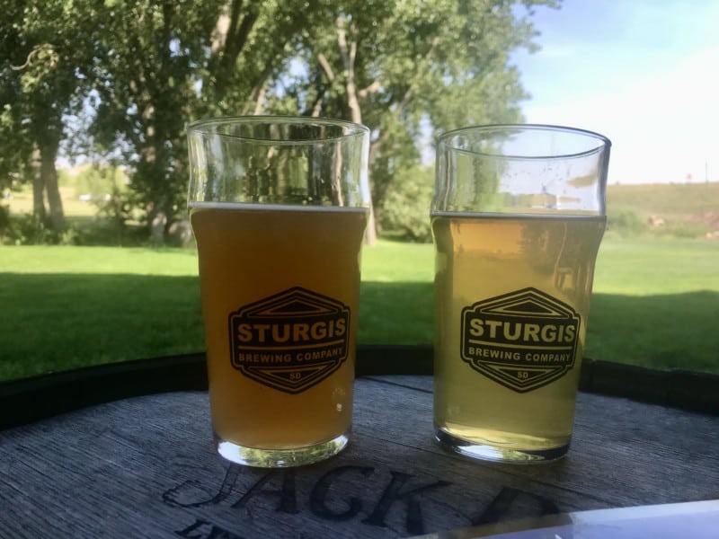 Two beers on an outdoor table at Sturgis Brewing Company in Sturgis, SD