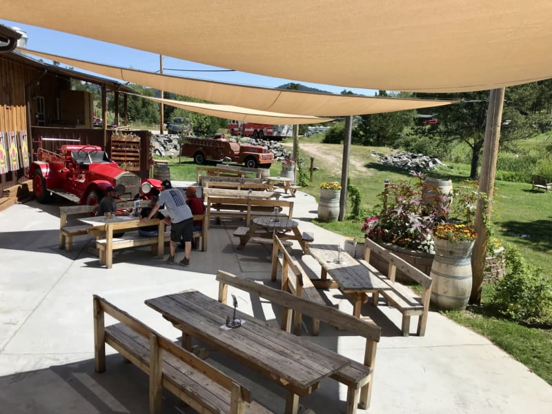 Pet friendly back patio at Firehouse Smokejumper Station brewery in Hill City, SD