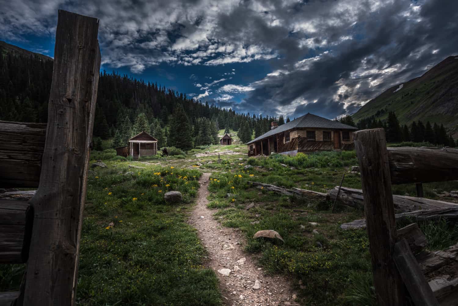 Night photo of Animas Forks ghost town on Alpine Loop near Silverton, CO